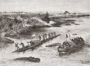 Franse en Britse ontdekkingsreizigers jagen op nijlpaarden op de Congo-rivier in de 19e eeuw, uit 